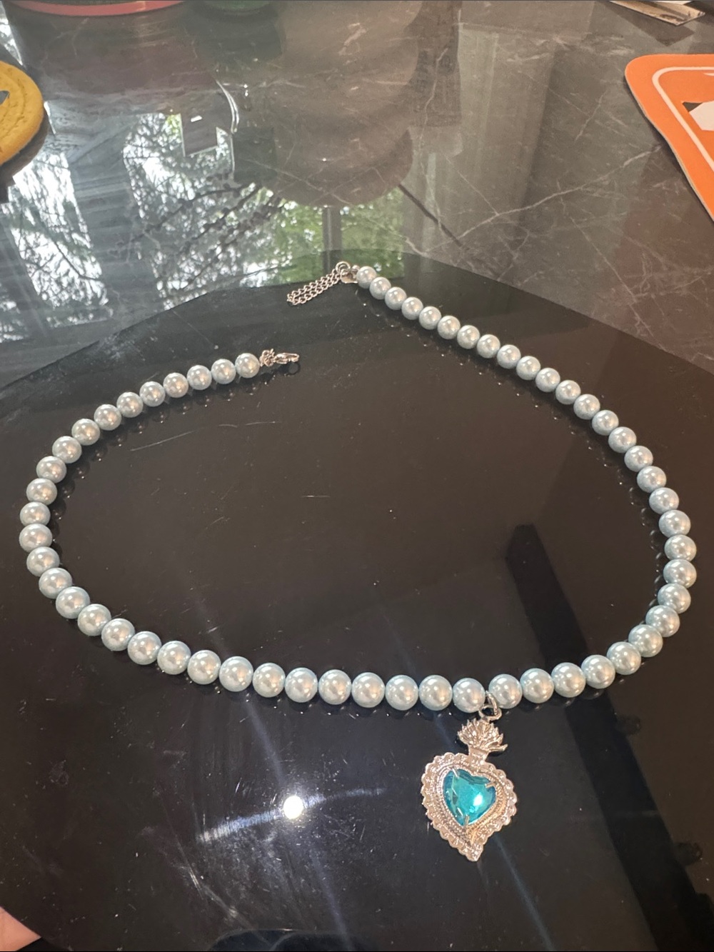 Blue Pearl Necklace with Teal Heart Pendant